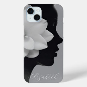 Coque iPhone 15 Mini Fille au magnolia blanc silhouette monochrome