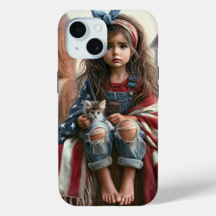 Coque Pour iPhone 15 Fille Avec Drapeau Américain Et Kitten