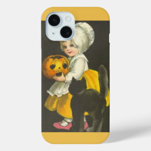 Coque Pour iPhone 15 Fille Citrouille Chat Halloween Vintage