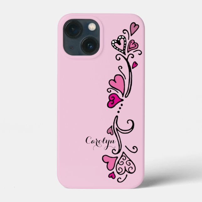 Coques Case-Mate iPhone Fille Coeurs roses chauds avec nom (Verso)
