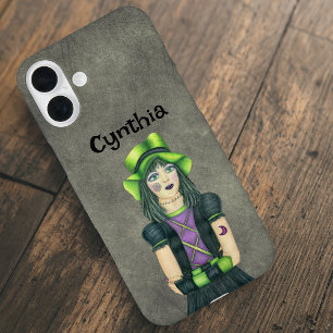 Coques iPhone 16 Plus Fille gothique cheveux noirs et verts tatouages gr