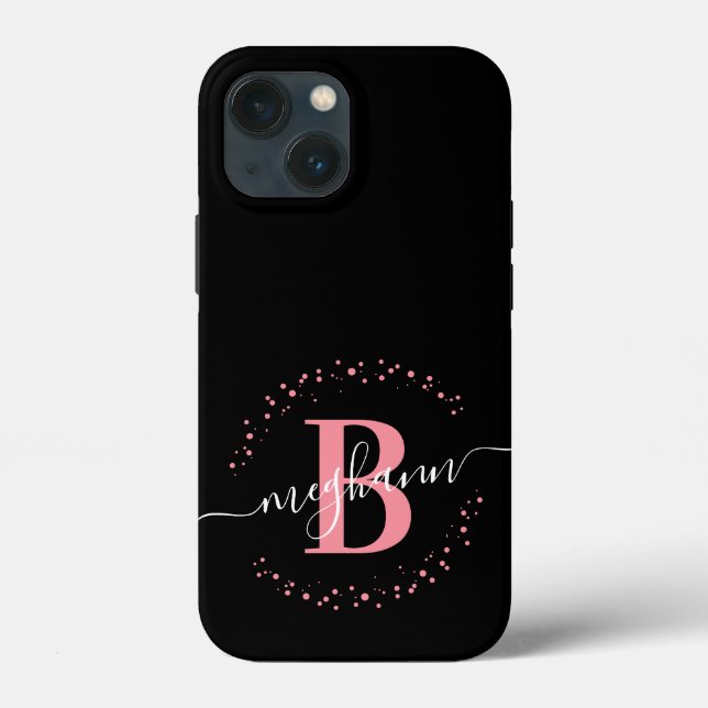 Coques Case-Mate iPhone Fille moderne rose noir Script Monogramme (Verso)