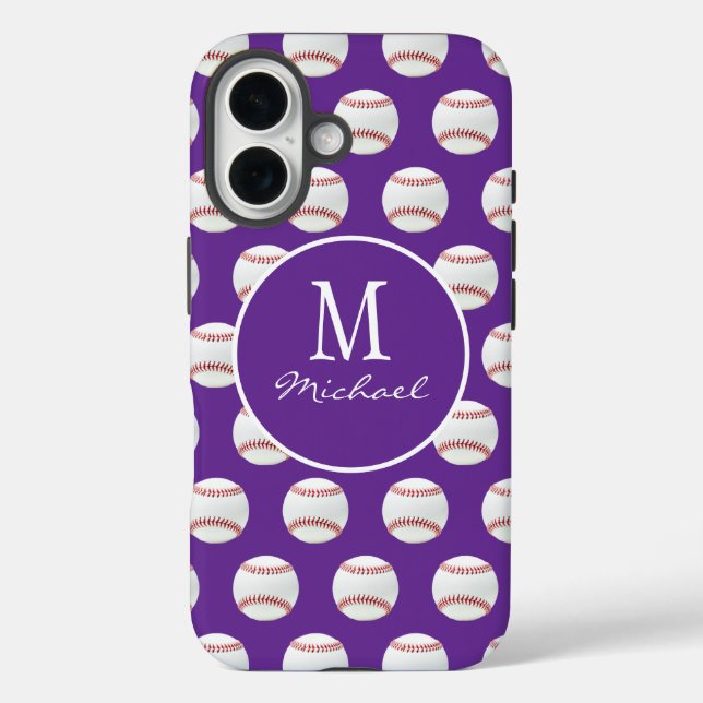 Coques Case-Mate iPhone Fille Monogramme Nom Motif de baseball violet (Verso)