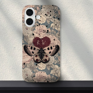 Coques iPhone 16 Fille papillon gothique Moth Rose Grunge Monogramm