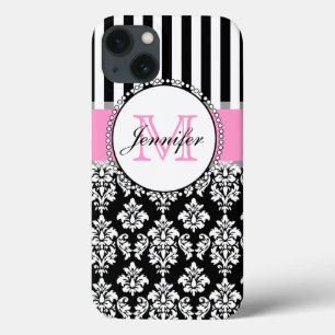 Etui iPhone Case-Mate Fille rose noir Damas rayé Monogramme