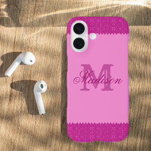 Coques iPhone 16 Fille rose parties scintillant zigzag, monogramme