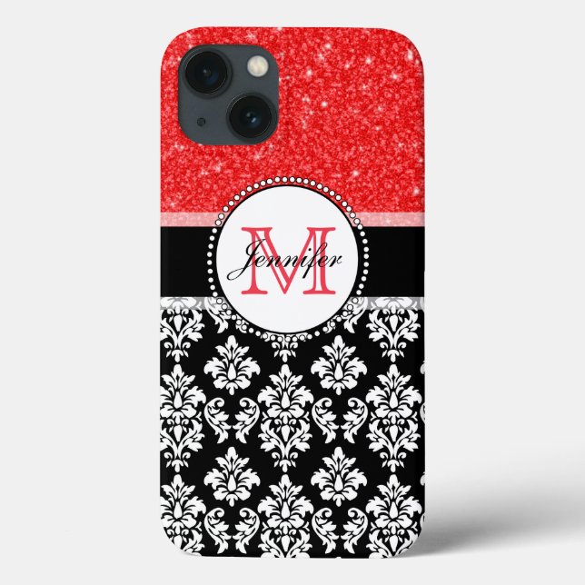 Coques Case-Mate iPhone Fille, Rouge, Parties scintillant Noir Damas Perso (Verso)
