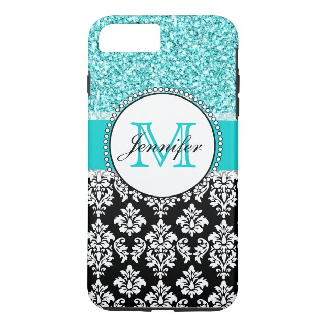 Coques Case-Mate iPhone Fille, Turquoise, Parties scintillant, Damas noirs (Dos)