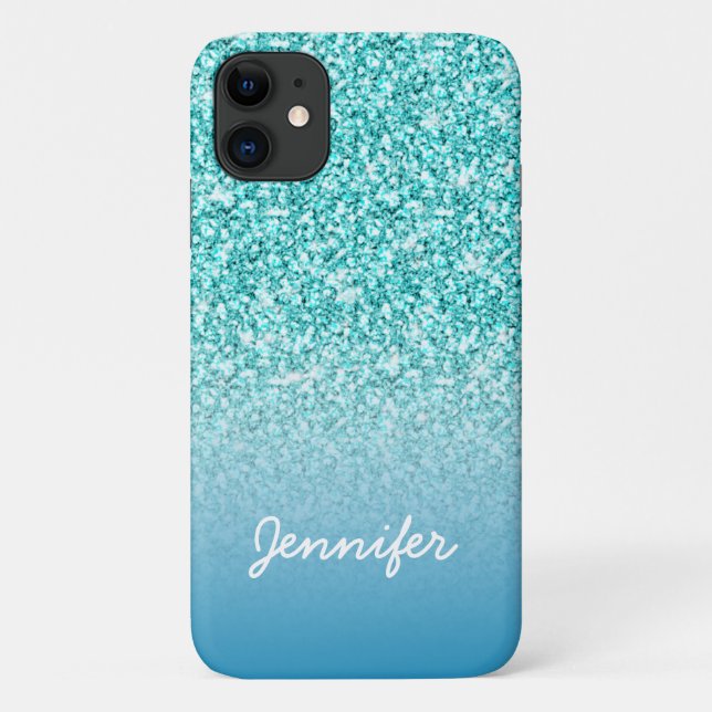 Coques Case-Mate iPhone Fille Turquoise Parties scintillant Monogramme Nom (Dos)