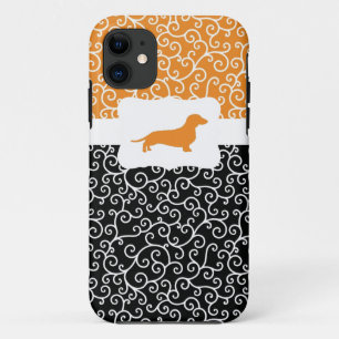 Coque iPhone 11 Fils noirs et oranges avec Dachshund