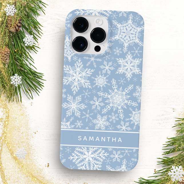 Coques Case-Mate iPhone Flacons de neige bleu et blanc de Noël Monogramme (Créateur téléchargé)