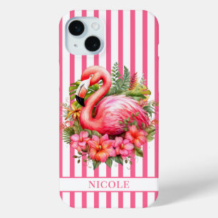 Coque iPhone 15 Mini Flamant rose avec fleurs tropicales sur rayures