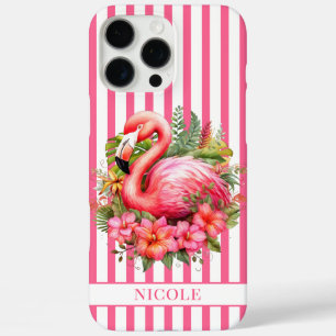 Coques iPhone 16 Pro Max Flamant rose avec fleurs tropicales sur rayures