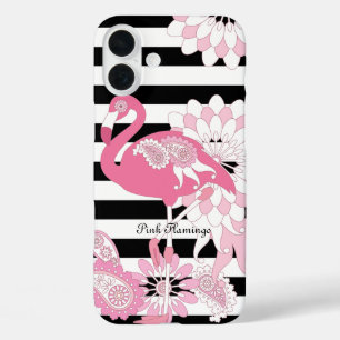 Coques iPhone 16 Plus Flamant Rose Fantaisiste Rayé Noir et Blanc
