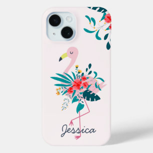 Coque Pour iPhone 15 Flamant rose floral tropical mignon