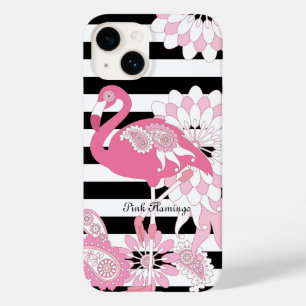 Coque Pour iPhone 14 Flamant rose rose rayé noir et blanc