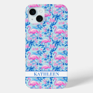 Coque iPhone 15 Mini Flamants avec fleurs roses monogrammées
