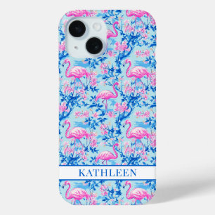 Coque Pour iPhone 15 Flamants roses avec fleurs roses monogrammées