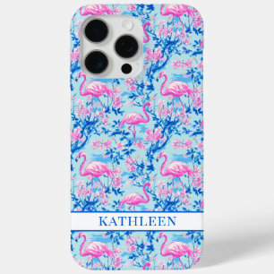Coque iPhone 15 Pro Max Flamants roses avec fleurs roses monogrammées