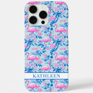 Coques iPhone 16 Pro Max Flamants roses avec fleurs roses monogrammées