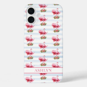 Coques iPhone 16 Plus Flamants roses avec fleurs sur rayures à l'aquarel