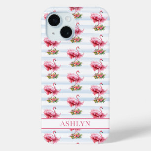 Coque Pour iPhone 15 Flamants roses avec fleurs sur rayures à l'aquarel
