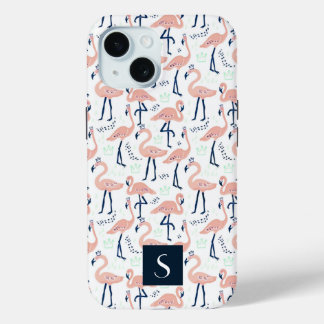 Coque Pour iPhone 15 Flamants Roses Modernes Monogramme
