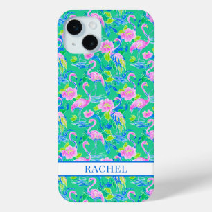 Coque iPhone 15 Mini Flamants Roses Monogrammés