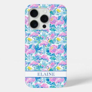 Coque iPhone 15 Pro Flamants roses monogrammes aquarelle