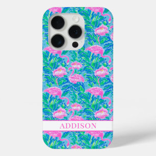 Coque iPhone 15 Pro Flamants Roses Monogrammés Aquarelle