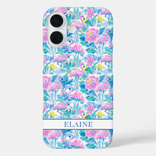 Coques iPhone 16 Flamants roses monogrammes aquarelle