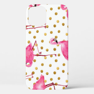 Case-Mate iPhone Case Flamants roses, points dorés, aquarelle.