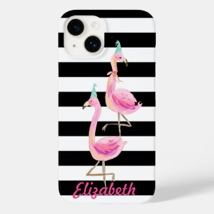 Coque Pour iPhone 14 Flamants roses, rayures noires et blanches