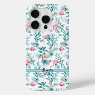 Coque iPhone 15 Pro Flamants roses tropicaux feuille motif