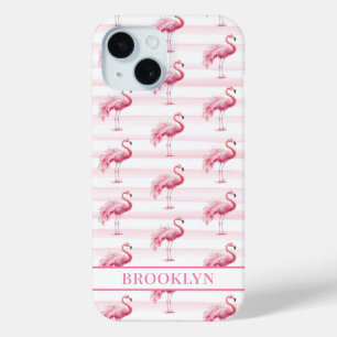 Coque Pour iPhone 15 Flamants sur rayures à l'aquarelle monogrammées
