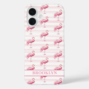 Coques iPhone 16 Flamants sur rayures à l'aquarelle monogrammées