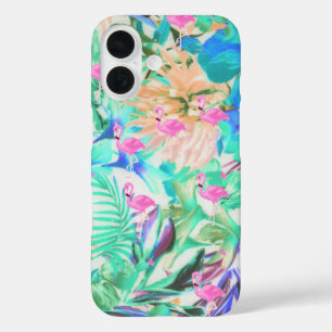 Coques iPhone 16 Flamingo floral tropical sarcelle moderne rose