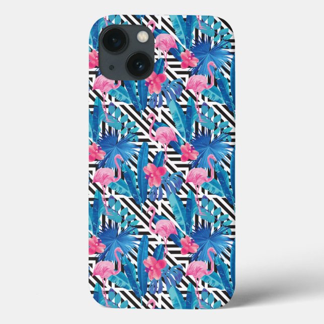 Coques Case-Mate iPhone Flamingo & Palms on Geometric Pattern (Verso)