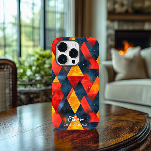 Coque Pour iPhone 14 Pro Flammes géométriques en gras avec nom et phrase pe