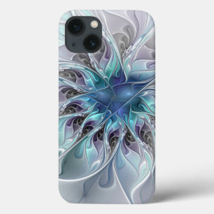 iPhone 13 Coque Fleur Abstraite Fractale Moderne Avec Bleu