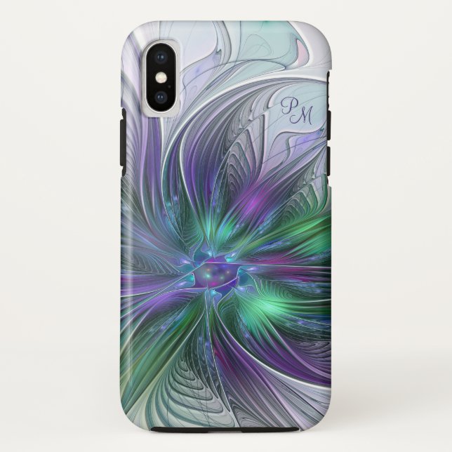 Coques Case-Mate iPhone Fleur Abstraite Fractale Violet Vert Initiales (Dos)