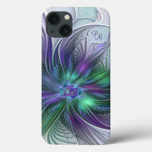 Case-Mate iPhone Case Fleur abstraite fractale violette verte Initiales