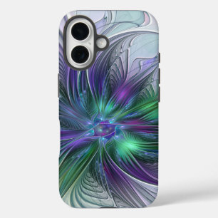 Coques iPhone 16 Fleur Abstraite Moderne Fractale Verte Violette