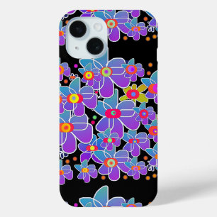 Coque Pour iPhone 15 Fleur bleu violet éclat noir