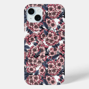 Coque iPhone 15 Mini Fleur de cerisier rose et bleu