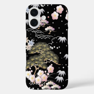 Coques iPhone 16 Fleur de cerisier rose noir Élégant