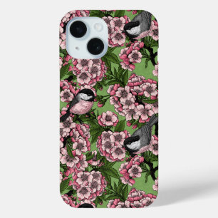 Coque Pour iPhone 15 Fleur de cerisiers et poulets verts