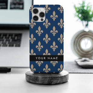 Coque iPhone 15 Pro Max Fleur de Lis, Beige sur Bleu Nuit, Royal, Votre No