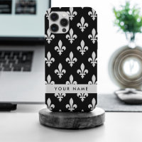 Fleur de Lis, Blanc sur Noir, Blanc, Votre Nom