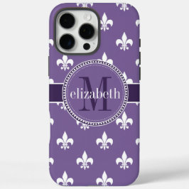 Coques iPhone 16 Pro Max Fleur de Lis Monogram violet blanc
